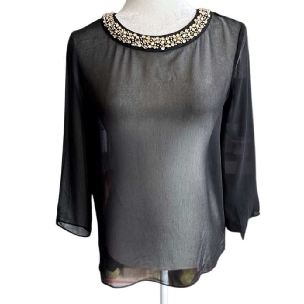 RACHEL Rachel Roy Sheer Blouse Black Beaded Pullover Loose Fit SZ XS